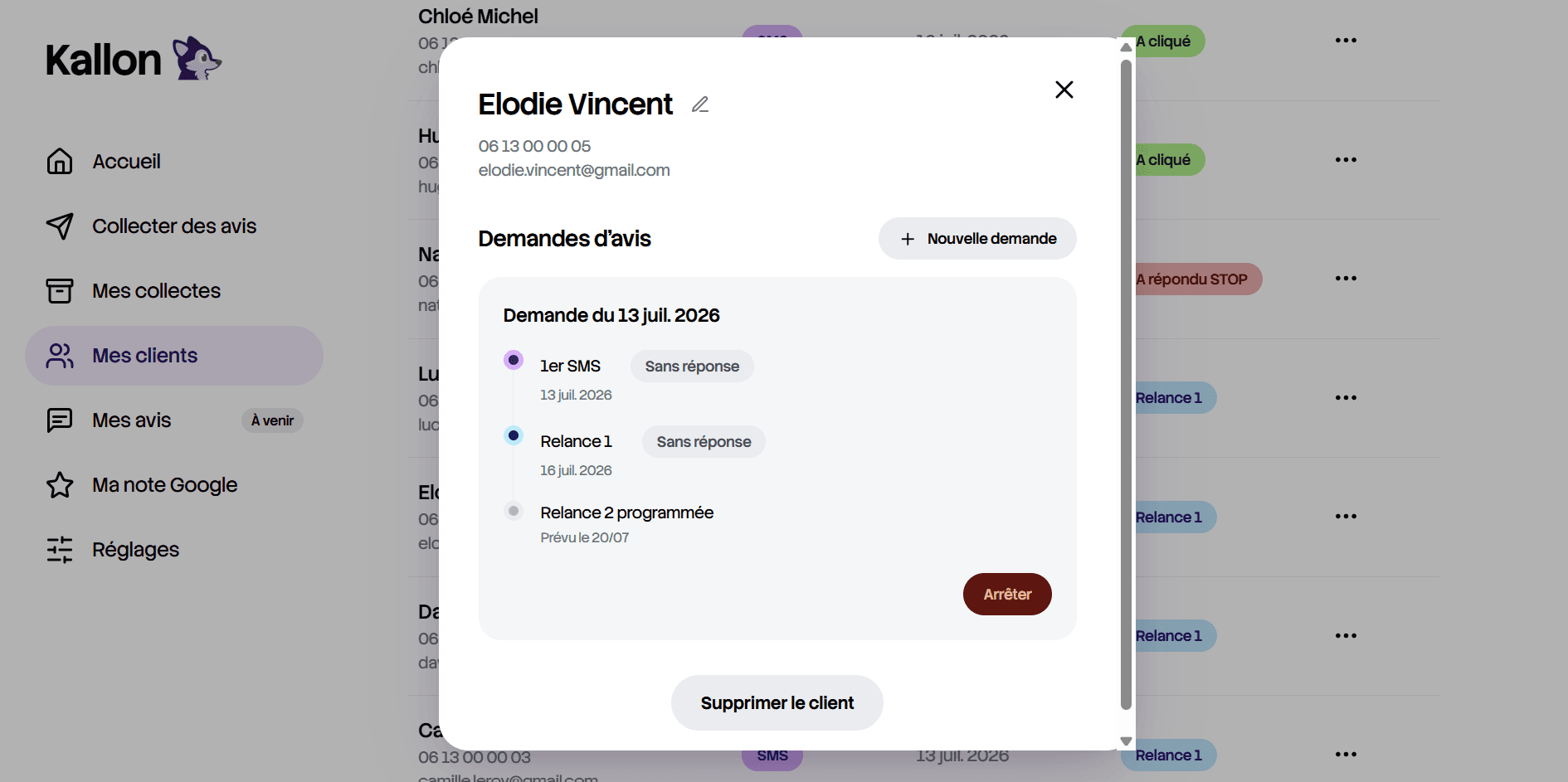 Fiche client Kallon : 1er SMS, relances programmées, arrêt possible à tout moment
